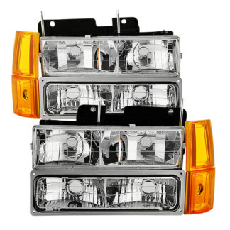 ( OE ) GMC C/K Series 1500/2500/3500 94-98 / GMC Sierra 94-98 / GMC Suburban 1500/2500 94-99 / Chevy Suburban 94-98 / GMC Yukon 94-99 ( Not Compatible With Seal Beam Headlight ) Headlights W/ Corner & Parking Lights 8pcs sets -Chrome