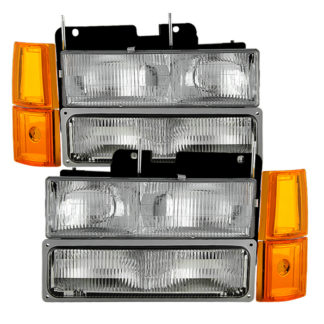 ( OE ) GMC C/K Series 1500/2500/3500 94-98 / GMC Sierra 94-98 / GMC Suburban 1500/2500 94-99 / Chevy Suburban 94-98 / GMC Yukon 94-99 ( Not Compatible With Seal Beam Headlight ) Headlights W/ Corner & Parking Lights 8pcs sets -OEM