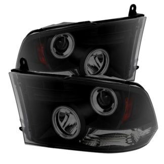 Dodge Ram 1500 09-18 / Ram 2500/3500 10-19 Projector Headlights – Halogen Model Only ( Not Compatible With Factory Projector And LED DRL ) – CCFL Halo – LED ( Non Replaceable LEDs ) – Black Smoke – High 9005 (Not Included)- Low H1 (Included)