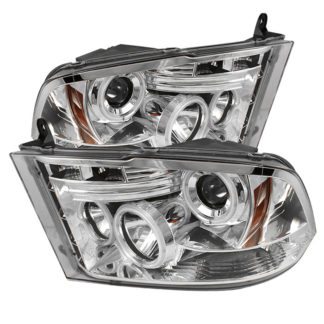 Dodge Ram 1500 09-18 / Ram 2500/3500 10-19 Projector Headlights – Halogen Model Only ( Not Compatible With Factory Projector And LED DRL ) – CCFL Halo – LED ( Non Replaceable LEDs ) – Chrome – High 9005 (Not Included)- Low H1 (Included)