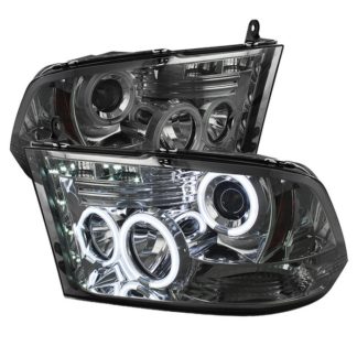 Dodge Ram 1500 09-18 / Ram 2500/3500 10-19 Projector Headlights – Halogen Model Only ( Not Compatible With Factory Projector And LED DRL ) – CCFL Halo – LED ( Non Replaceable LEDs ) – Smoke – High 9005 (Not Included)- Low H1 (Included)