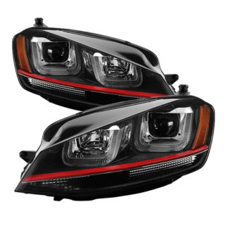 Volkswagen Golf VII 14-19 (Halogen model only) Projector Headlights – DRL LED – Red Stripe –  Low Beam-H7(Not Included) ; High Beam-H1(Insluded) ; Signal-PY21W(Included) – Black