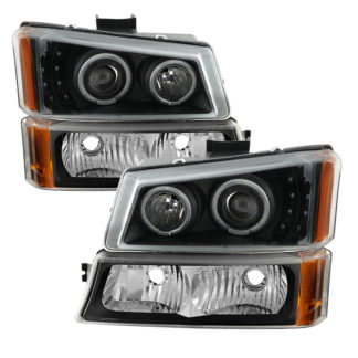 Chevy Silverado 03-06 / Silverado 1500HD 03-07 / Avalanche 02-06 Bumper lights and Projector Headlights 4pcs ( Will Not Fit Model With Body Cladding ) – LED Halo – Black