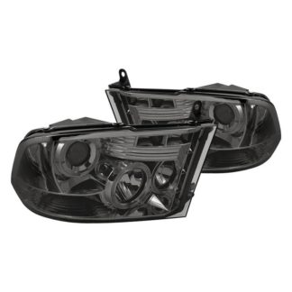 Dodge Ram 1500 09-18 / Ram 2500/3500 10-19 Projector Headlights - Halogen Model Only ( Not Compatible With Factory Projector And LED DRL ) - LED Halo - LED ( Non Replaceable LEDs ) - Smoke - High 9005 (Not Included)- Low H1 (Included)
