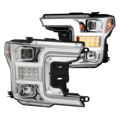 Ford F150 18-19 (Halogen Model Only  Do Not Fit Factory Xenon Model) Projector Headlights - LED Sequential Turn Signal -  Low Beam-H7(Included) ; High Beam-H1(Included) ; Signal-LED - Chrome