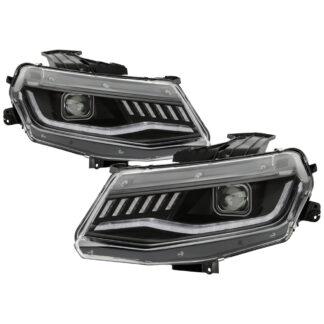 Chevy Camaro 16-18 Halogen Model Full LED Headlights - Sequential Turn Signal - Low Beam: LED - High Beam: LED - Signal: LED - Black