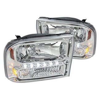 1 Piece Chrome Euro Headlights With Led | 99-04 Ford F250