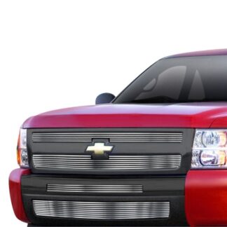 GR03FAA33C Silver Hairline Finish 8X6 Horizontal Billet Grille | 2007-2013 Chevy Silverado 1500 only for models with logo height exceeding center bar (MAIN UPPER + TOP BUMPER + LOWER BUMPER)