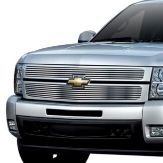 GR03FEG66C Silver Hairline Finish Horizontal Billet Grille | 2007-2013 Chevy Silverado 1500 only for models with logo height exceeding center bar (MAIN UPPER)