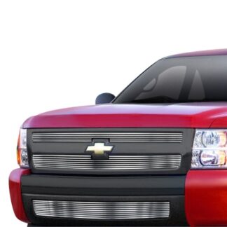 GR03FGH62C Silver Hairline Finish 8X6 Horizontal Billet Grille | 2007-2013 Chevy Silverado 1500 only for models with logo height exceeding center bar (MAIN UPPER + LOWER BUMPER)