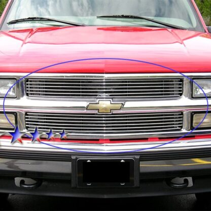 GR03HEJ11A Polished Horizontal Billet Grille | 1994-1999 Chevy Blazer Not For S-10/1994-1999 Chevy C/K Pickup Not For C2500 Single Light/1994-1999 Chevy Suburban /1995-1999 Chevy Tahoe (MAIN UPPER)