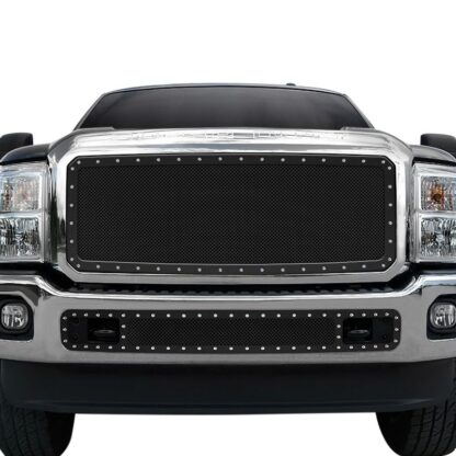 Black Powder Coated 1.8 mm Wire Mesh Rivet Style Grille | Ford F250 With Tow Hook Show (LOWER BUMPER)