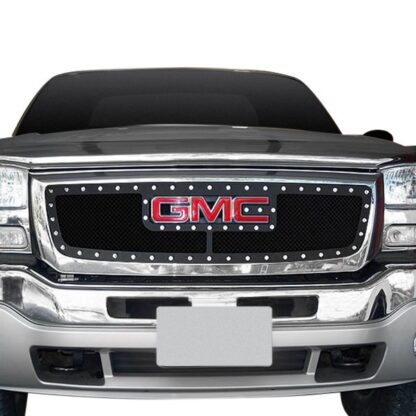 Black Powder Coated 1.8 mm Wire Mesh Rivet Style Grille | GMC Sierra Not For Denali With Logo Show (MAIN UPPER)