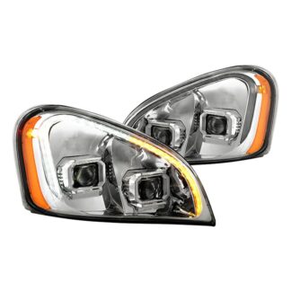 Freightliner Cascadia 2008-2017 Halogen Models Only ( Not Compatible with Factory LED & HID Headlights Models ) LED Tube DRL Projector Headlights - Low Beam-H7(Included) ; High Beam-H7(Included) ; Signal-LED - Chrome Left + Right