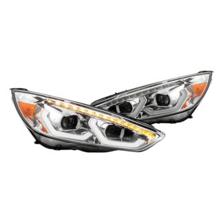 Ford Focus 15-18 Halogen Model Only Full LED Headlights with LED Light Bar- Chrome ( High Beam LED - Low Beam LED )